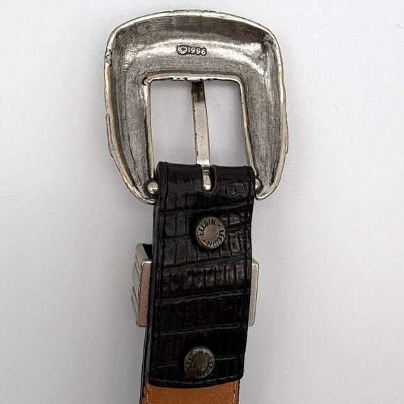 Vintage 90s Onyx Croc Embossed Western Leather Belt Black Silver Tone Size 32 main image 5